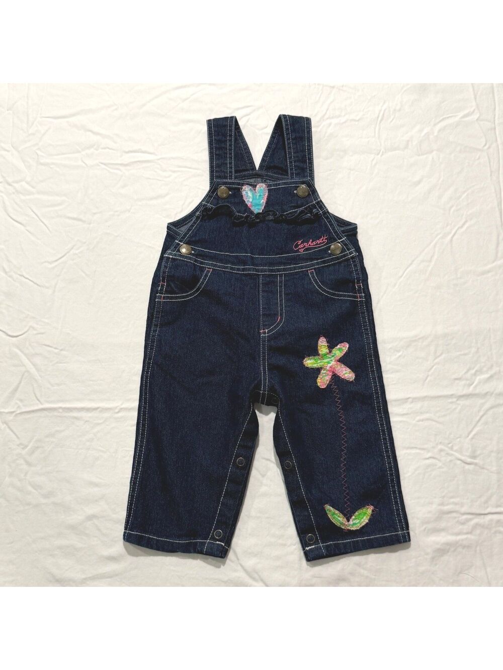 Carhartt Baby Girls Floral Patch Dark Wash Denim Overalls Size 9M